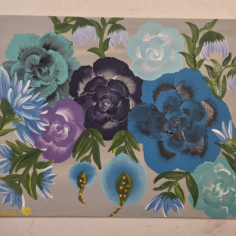 Floral Art Canvas with Blue and Purple Flowers